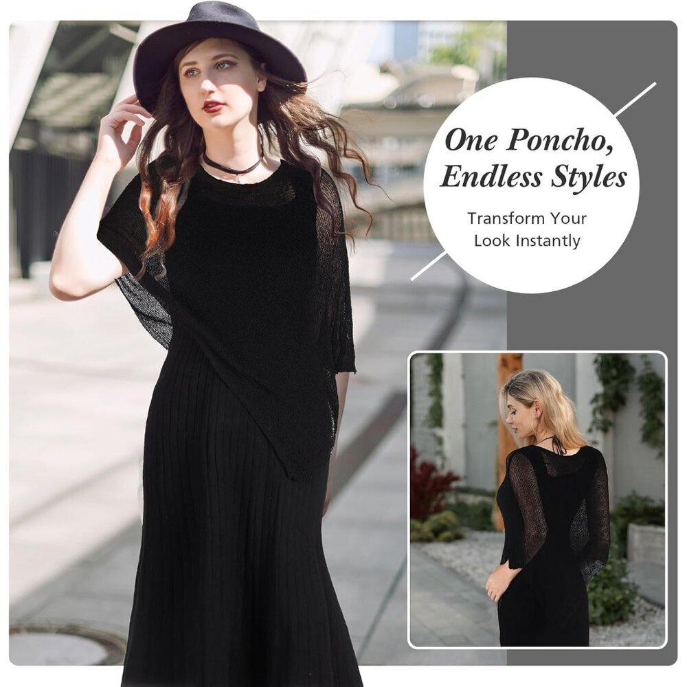Women Sheer Poncho Lightweight Summer Blouse Top Asymmetrical Hem Fashion - Picture 5 of 6